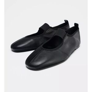 Zara Leather Ballet Flats With Elastic Straps Black NWT